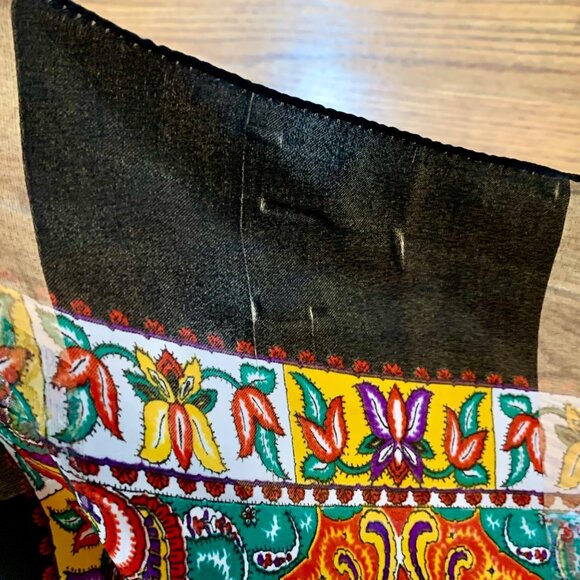 Bright Paisley Floral Mandala Square Poly Scarf With Black Sheer Border Vintage - Picture 4 of 4
